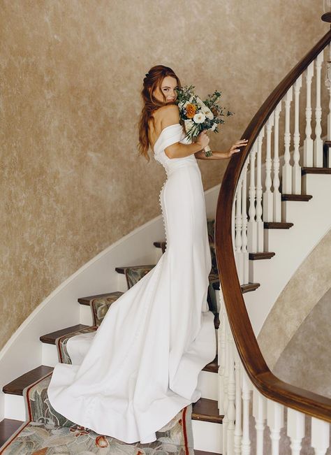 Off the Shoulder Wedding Gown | Bridal Portrait on Grand Staircase at the Estate at Cherokee Dock Off The Shoulder Wedding Gown, Lakeside Wedding Ceremony, Wedding Stairs, Wedding Staircase, Wedding Ceremony Pictures, Bridal Shower Photos, Bridal Prep, Bridal Pictures, Gown Bridal