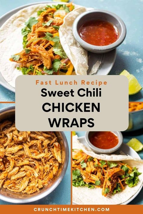 Shredded chicken simmered in a simple sweet chili lime sauce and stuffed inside tortilla or flatbread wraps with fresh, crunchy veggies. The perfect quick wrap for dinner! | crunchtimekitchen.com #wraps #chickenwraps #spicy #sweetchili #easyrecipes #quickmeals Thai Chicken Wraps Sweet Chili, Sweet Chili Chicken Wrap, Flatbread Wraps, Thai Chicken Wraps, Homemade Sweet Chili Sauce, Chili Lime Sauce, Food Thai, Crunchy Veggies, Sweet Chili Chicken