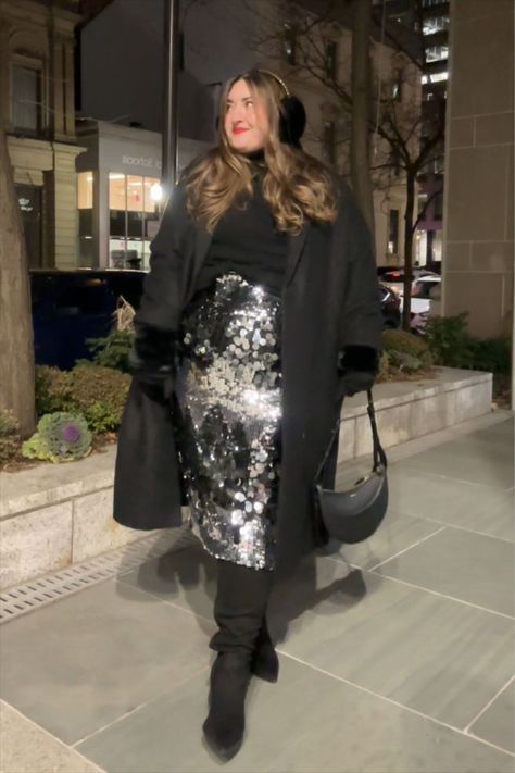 Mixed Sequin Column Midi Skirt curated on LTK Sequin Plus Size Outfit, Sequin Skirt Winter Outfit, Plus Size Winter Party Outfit, Midi Sequin Skirt Outfit, Sequin Skirt Winter, Sequin Midi Skirt Outfit, Sequence Skirt Outfit, Maximalist Clothes, Silver Sequin Skirt Outfit