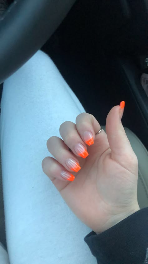 Short French Tip Acrylic Nails Orange, Nail Ideas Square French Tip, Colored Tips Nails Square, Simple Summer Acrylic Nails Square, Orange French Tip Square, Orange French Tip Nails Coffin, Orange French Tip Coffin, Bright Orange French Tip, Orange Tips Acrylic Nails