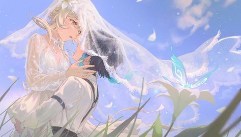 (1) Home / X Genshin Wedding, Lumine X Venti, Boy Character, Larp, Couple Posing, Art Girl, Anime Drawings, Anime Boy, The Conversation