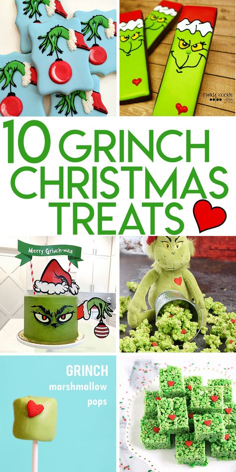 10 Grinch themed treats for Christmas The Grinch Baking Ideas, Christmas School Bake Sale, Class Christmas Party Ideas Food, You’re A Mean One Mr Grinch Birthday, Grinch Birthday Party Ideas, The Grinch Birthday Party, Grinchmas Party Ideas, Christmas Bake Sale Ideas, Grinch Snacks