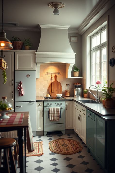 Looking to spice up your kitchen with vintage charm? Check out these 12 unique ideas that blend retro aesthetics with modern functionality. From colorful cabinetry that catches the eye, to reclaimed wood decor that gives a warm, lived-in feel, this guide has something for everyone aiming for that cozy, old-world elegance. Discover how simple touches like antique appliances and vintage accessories can bring your kitchen to life, making it a true conversation starter. Perfect for home design enthusiasts and vintage lovers! German Style Kitchen, Eclectic Vintage Kitchen, Warm Kitchen Aesthetic, Small Victorian Kitchen, Antique Appliances, Retro Table And Chairs, Classic Backsplash, Vintage Kitchen Ideas, 1930s Kitchen