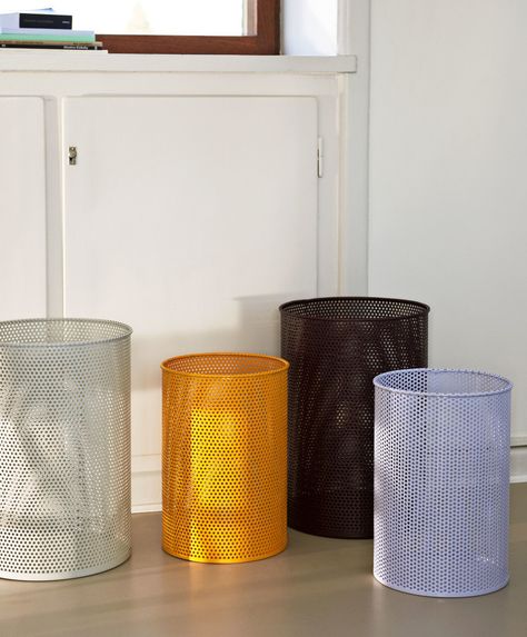 HAY - Gray Steel Perforated Bin - stainless steel | gray - Yellow/Yellow Wastepaper Basket, Design Online Shop, Stationary Items, Hay Design, Storage Bin, Stylish Storage, Desk Storage, Umbrella Stand, Office Accessories