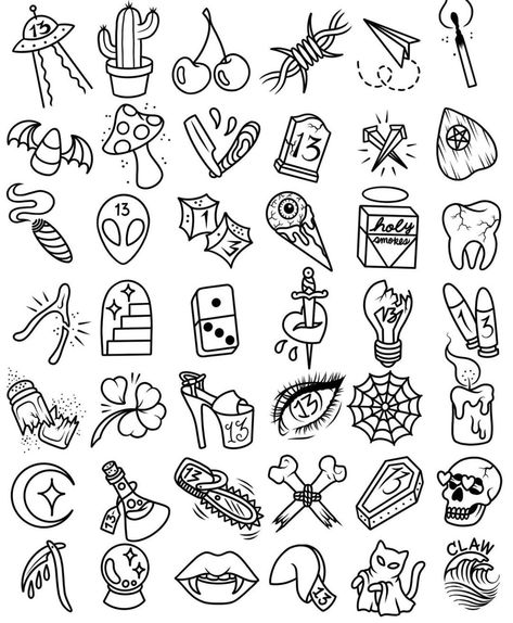 Mini Tattoo Doodles, Friday 13th Tattoo Flash Sheet, Small Simple Flash Tattoo, 2x2 Tattoo Ideas Simple, Small Flash Tattoo Ideas Simple, Line Work Flash Sheets, Friday 13th Flash Sheet, Spooky Flash Sheet, Friday 13 Tattoo Ideas Flash