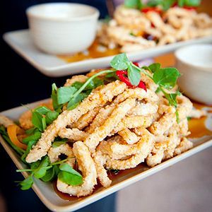 Steak Appetizers, Stuffed Calamari, Pork Belly Roast, Salt And Pepper Calamari, Calamari Recipe, Calamari Recipes, Asian Sauce, Mint Sauce, Dinner Entrees