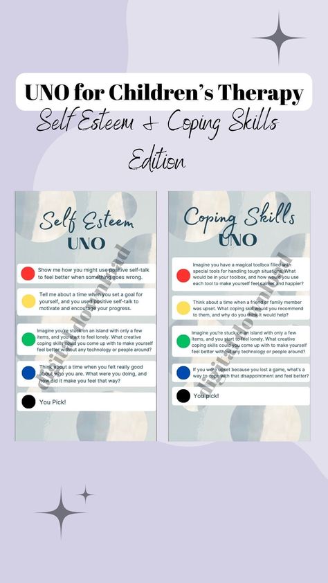 Uno Coping Skills Game, Fun Therapy Activities For Kids, Positive Affirmation Activities, Therapy Activity For Teens, Group Therapy Games, Therapy Activities For Teens, Therapeutic Games, Uno Game, Counseling Games