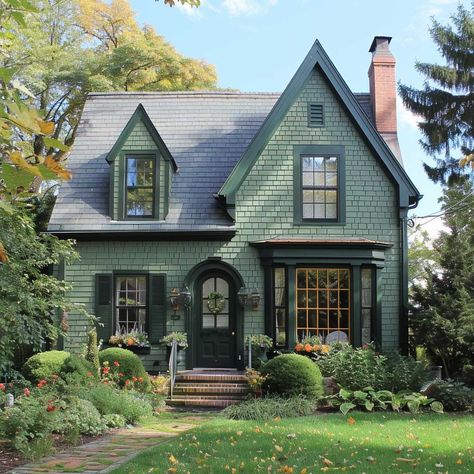 101+ Exterior House Colors Combinations & Best Paint Color Ideas • 333k+ Inspiring Lifestyle Ideas & Images Cypress Green House Exterior, Cedar Shake Siding Accent With Brick, Uk Home Exterior, Green Painted Brick House, Best House Paint Colors, Green Victorian House, Sage Green House Exterior, Pnw House, Colonial House Exterior