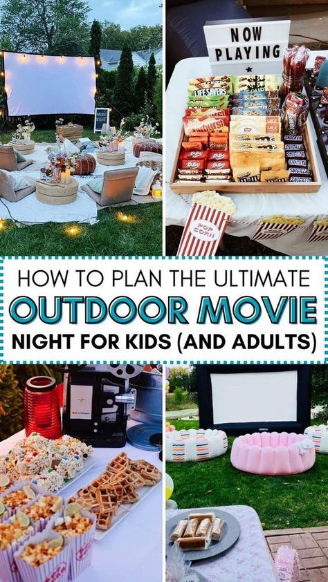 Looking for inspiration to host an unforgettable backyard movie night for kids? Our blog post has you covered with fantastic outdoor movie night ideas, including setting up a popcorn bar, arranging cozy seating, and providing delicious snacks. Create a fun and entertaining movie night that kids will enjoy with our helpful tips and tricks. Backyard Birthday Movie Night, Backyard Movie Set Up, Sweet Sixteen Movie Party, Outdoor Movie Party Ideas Backyards, Fall Outdoor Movie Night Kids, Outdoor Movie Ideas Backyards, Movie Night Slumber Party Ideas, Backyard Movie Night Ideas Birthday, Outdoor Family Movie Night