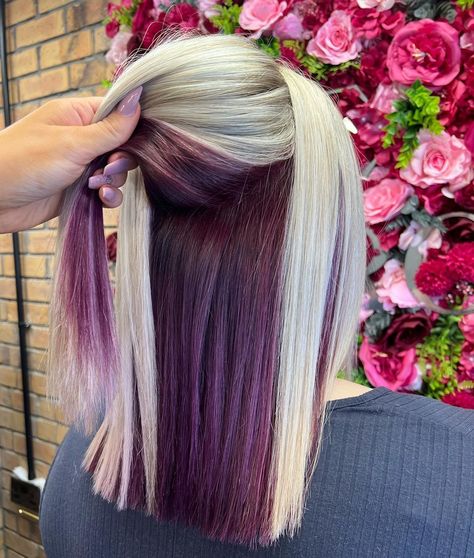 𝕋𝕙𝕖 ℝ𝕠𝕠𝕞𝕤 | Transformation by our Stylist Zara! 😍 Highlights with a pop of purple underneath for the perfect contrast!🤍💜 Still keeping that… | Instagram Blonde Hair With Purple Underneath, Blonde And Purple Hair, Purple Underneath Hair, Blonde And Purple, Purple Hair Ideas, Purple Blonde Hair, Purple Blonde, Underneath Hair Color, Champagne Blonde Hair