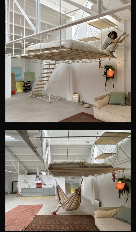 Bed From Ceiling, Diy Mezzanine, Loft House Ideas, Tiny Loft, Sunken Living Room, Hanging Bed, Hotel Room Design, Relaxation Room, Interior Design Diy