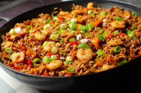 Pork and Prawn Jambalaya - Low fat & healthy recipe by Flawless Food Prawn Fried Rice, Shrimp And Eggs, Raw Prawns, Ground Pork Recipes, Savory Rice, Shrimp Fried Rice, Shrimp Seasoning, Chili Garlic Sauce, Smoked Pork