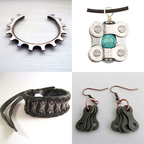 Bicycle Jewelry- Love it! Upcycle Bike, Hardware Jewelry Diy, Repurposed Bike, Romeo Montague, Recycled Bike Parts, Bike Diy, Bicycle Jewelry, Bike Technology, Apocalypse Gear