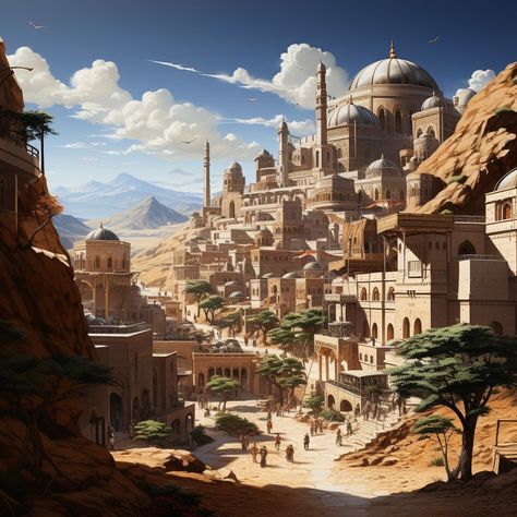 Desert City Concept Art, City Concept Art, Ancient Atlantis, Dnd Locations, Fantasy Locations, Desert City, Fantasy Village, Dream Fantasy, Dnd Maps