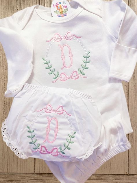 Embroidered Monogram Pearls and Bows Going Home Outfit | Etsy Baby Monogram Ideas, Monogrammed Baby Gown, Baby Going Home Outfit, Monogram Baby Girl, Baby Layette, Going Home Outfit, Baby Monogram, Embroidered Monogram, Baby Gown