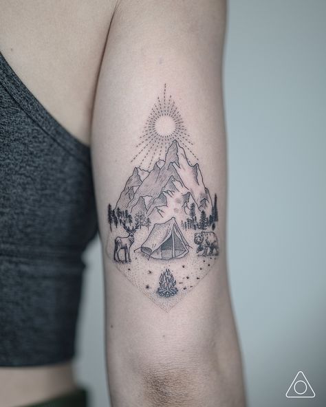 Bike Tattoo, Camping Tattoo, Bike Tattoos, Fine Line Tattoo, Wilderness Camping, Line Tattoo, Contents Design, A Deer, Fine Line Tattoos