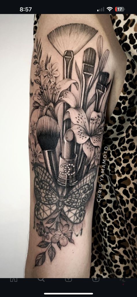 Hairdresser Sleeve Tattoo, Skin Care Tattoo Ideas, Makeup Sleeve Tattoo, Makeup Brush Tattoo Ideas, Makeup Lover Tattoo, Aesthetician Tattoo Ideas, Hairstylist Sleeve Tattoos, Makeup Related Tattoo Ideas, Makeup Tattoo Ideas Sleeve