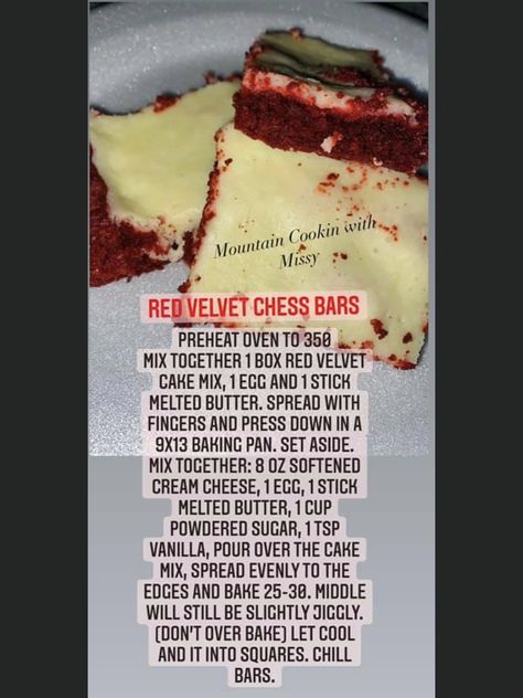 Brownie Chess Squares, Red Velvet Chess Squares, Chess Bars Easy, Red Velvet Neiman Marcus Bars, Velvety Cream Cheese Gooey Bars, Chess Bars, Chess Squares, Red Velvet Cake Mix, 2024 Recipes