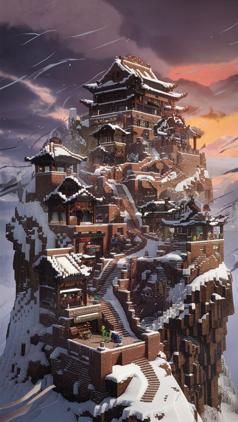 Japan Minecraft Builds, Japanese Steampunk Minecraft, Minecraft Dystopian City, Minecraft Mountain Statue, Minecraft Cyberpunk Skyscraper, City Ideas, Minecraft City, Minecraft Inspo, Minecraft Crafts