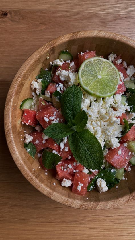 #recipe #watermelon #feta #healthyfood #healthylifestyle #mint #cucumber #lime #aesthetic Feta Salad Aesthetic, Watermelon Feta Salad Aesthetic, Watermelon Salad Aesthetic, Healthy Meal Aesthetic, Feta Watermelon Salad, Watermelon Salads, Lime Aesthetic, Salad Aesthetic, Watermelon Feta Salad