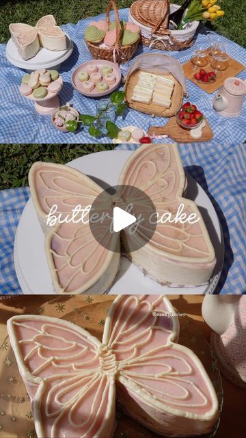 nana pastries on Instagram: "girls just want a butterfly shaped cake 🦋🌷✨  inspired by @sheri_wilson_ viral cake 💞  Delicious lemon cake with swiss meringue buttercream and lemon curd 🍋💛✨  recipe is on my blog~~ part 5 of my spring picnic pastries series 🧺  🏷️ #butterflycake #lemoncake #cakedecorating #springpicnic #picnicfood #fairycore #cottagecore" Picnic Pastries, Buttercream Butterfly, Butterfly Shaped Cake, Cake With Swiss Meringue Buttercream, Sheri Wilson, Delicious Lemon Cake, Lemon Curd Recipe, Cake Delicious, Spring Picnic