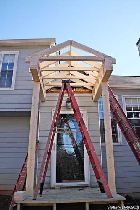 Building a Portico Front Door Remodel, Porch Framing, Portico Ideas, Enclosed Deck, Porch Cover, Front Portico, Door Remodel, Front Door Overhang, Porch Overhang