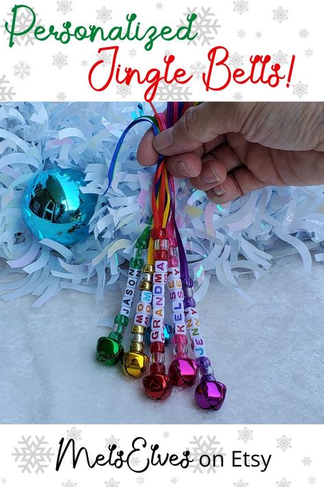 Diy Christmas Name Tags, Personalized Christmas Ornaments Diy, Bell Ornaments Diy, Jingle Bell Crafts, Diy Name Tags, Christmas Name Tags, Personalized Stocking, Stocking Tags, Name Christmas Ornaments