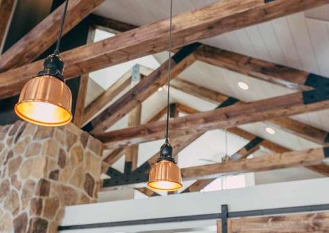 Decor Details Lighting In Kitchen, Iowa Farmhouse, Stone Accent Wall, Architectural Decor, Copper Fixtures, Insulating A Shed, Box Beams, Exposed Trusses, Farmhouse Shiplap