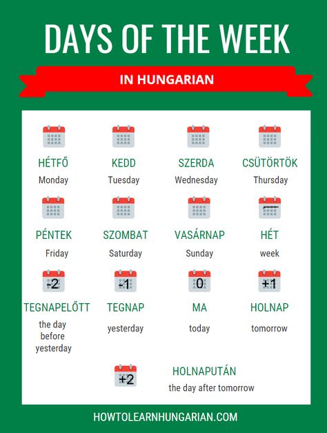 Hungarian vocabulary for beginners: days of the week Hungarian Language Learning, Hungarian Vocabulary, Learn Hungarian, Learning Hungarian, Hungarian Language, Hungarian Flag, Sign Language Phrases, Verb Conjugation, Budapest Travel