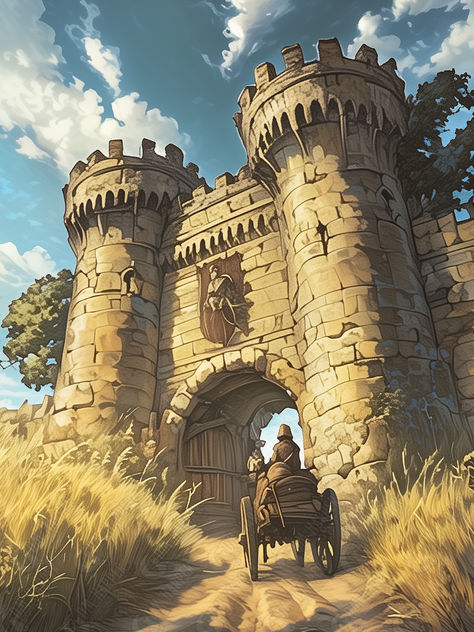 The Northfurrow trail ends before a magnificent stone gatehouse. Goldenfields, Storm Kings Thunder Storm Kings Thunder, Storm King, Dnd Ideas, Medieval Village, Dnd Maps, Castle, Stone, Quick Saves, Art