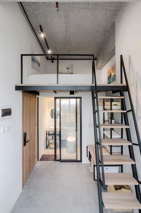 Mini Studio Ideas, Coliving Architecture, Mini House Interior, Small Loft Apartments, Tiny Loft, Loft Style Bedroom, Mini Apartments, Loft House Design, Architecture Residential