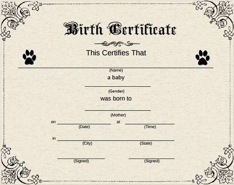 Married Certificate, Pet Birth Certificate, Puppy Birth Certificate, Dog Adoption Certificate, Birth Certificate Form, Reading Certificates, Pet Care Printables, Cat Birth, Free Printable Certificate Templates