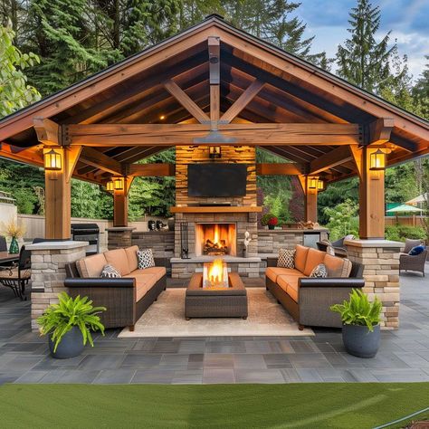 Outdoor Living Spaces Ideas, Backyard Detached Patio, Backyard Pavilion Furniture, Outdoor Wood Patio Ideas, Porch With Fireplace Covered, Outdoor Carport Ideas Patio, Outside Sitting Area With Fire Pit, Covered Backyard Patio Designs, Pergola With Pizza Oven