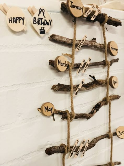 Regio Emilia Birthday Board, Birthday Chart Ideas For Preschool, Reggio Emilia Birthday Display, Reggio Birthday Display, Curiosity Approach Display Boards, Nature Based Classroom, Class Birthday Display, Birthday Chart Classroom, Natural Birthday