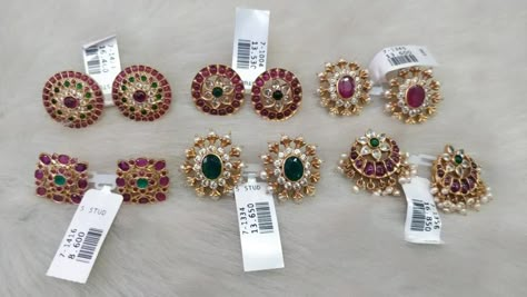 Beautiful one gram gold ear tops studded with white pink and green color CZs.  11 July 2019 Ear Tops Gold, Ear Tops Gold Indian, Gold Jewellery India, Tops Gold, Ear Tops, Gold Bangles Indian, Jhumka Designs, Temple Jewelry Necklace, Gold Pendent