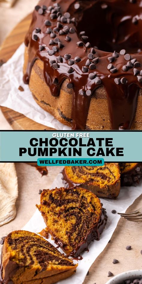 This stunning chocolate & pumpkin bundt cake will wow all of your guests. It's filled with fall flavors and chocolate in a delightful marble design that's easy to create. Plus it's gluten free & dairy free! Pumpkin Cake Mix, Chocolate Pumpkin Cake, Pumpkin Bundt, Easy Cakes To Make, Pumpkin Bundt Cake, I Am Baker, Chocolate Pumpkin, Easy Drink Recipes, Cake Mixes