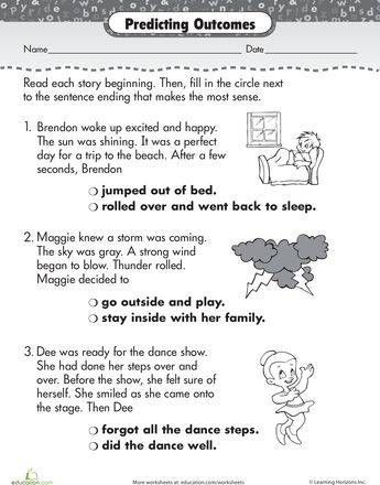 Predicting Outcomes Worksheets: Story Comprehension: How Does It End? Predicting Activities, How To Begin A Story, Making Predictions, English Worksheet, English Grammar Worksheets, 2nd Grade Worksheets, Reading Comprehension Skills, 1st Grade Worksheets, Comprehension Worksheets