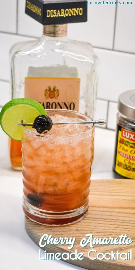 This fruity cocktail is a cherry amaretto limeade cocktail made easily with the combination of amaretto, limeade, and maraschino cherries. #Cocktails #Drinks #Amaretto #LuxardoCherries Drinks With Amerreto, Amerreto Sour, Amerreto Cocktail Recipes, Amerreto Mixed Drinks, Disarrono Drinks, Drinks With Amaretto, Amaretto Drinks Cocktails, Disaronno Cocktails, Disaronno Drinks