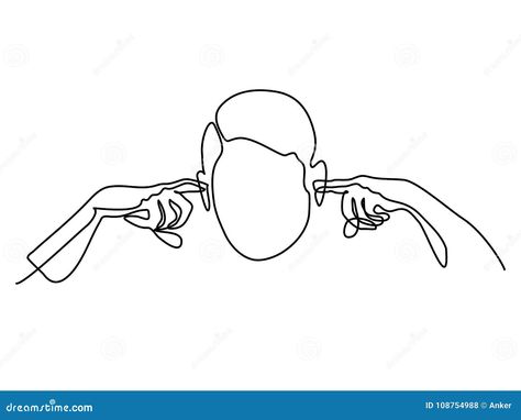 Continuous line drawing. Man plugged his ears with fingers. Vector illustration Hands Over Ears Drawing, Covering Ears With Hands, Dog Ear Outline Tattoo Silhouettes, Labrador Ear Outline, Dog Ears Line Art, Dog Breed Ear Outline, Dog Ear Outline, Drawing Man, How To Draw Ears