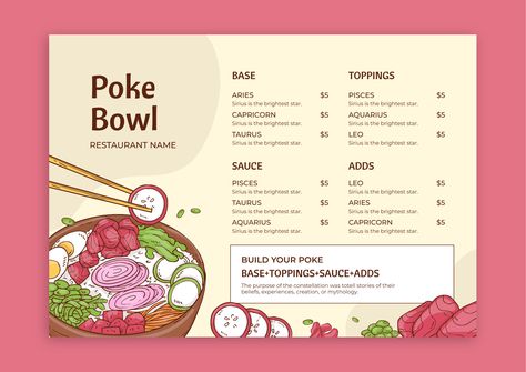 Hand-drawn Linear Build Your Poke Bowl Menu Build Your Own Menu Design, Poke Bowl Menu, Build Your Own Bowl, Menu Design Layout, Salad Menu, Restaurant Names, Food Logo, Poke Bowl, Brand Kit