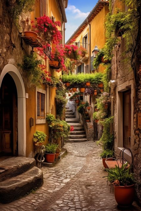 A Midjourney-generated image of a Tuscan street. Italian Alleyway, Italian Buildings, Old Cities, Old Style House, Live In Italy, Life In Italy, Driving In Italy, Italian Town, Tuscany Landscape