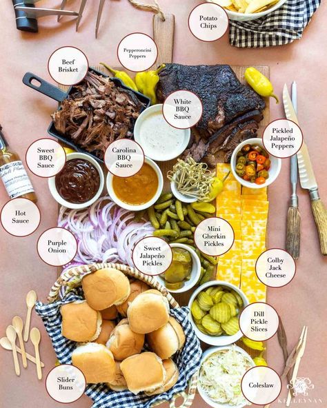 BBQ Charcuterie Board with small sliders for summer.  #charcuterieboard #bbqboard #sliders Bbq Charcuterie Board, Bbq Charcuterie, Barbecue Sliders, Bbq Sliders, Pickled Jalapeno Peppers, Bbq Platter, White Bbq Sauce, Smoked Beef Brisket, Pork Sliders