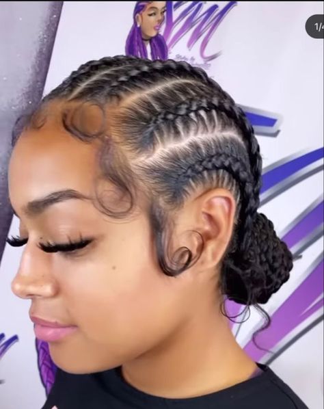 Short Quick Braided Hairstyles, Corn Row Braids Bun, Braid Back Bun, Canrows Going Back Natural Hair, Cornrow Braids Bun, Five Braids Hairstyle, Braids Going Back Into A Bun, Braids Into Buns For Black Women, Cornrow Hairstyles For Black Women Bun