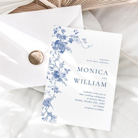 $2.80 | Elegant Vintage Blue French Garden Floral Wedding #dusty blue, victorian, regency, minimalist, line flowers, elegant typography, baroque, modern, vintage, winter French Blue Wedding, Italian Blue, Wildflower Wedding Invitations, Winter Wedding Invitations, Blue French, Floral Wedding Invitation, French Garden, Vintage Wedding Invitations, Wildflower Wedding