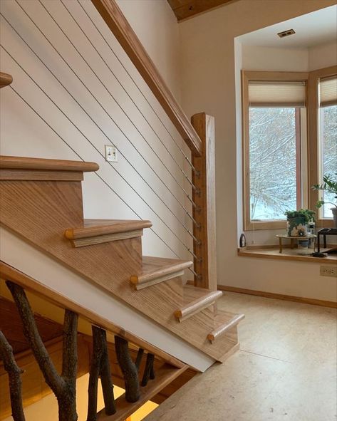 Take a look at the finished results - Oak tread and riser replacement. We added a mitered return to the treads W/skirt boards for a clean look. 

Clear Coat | Bonamega Stair Renovation, Treads And Risers, Stair Risers, Clear Coat, Stairs, Siding, Skirt