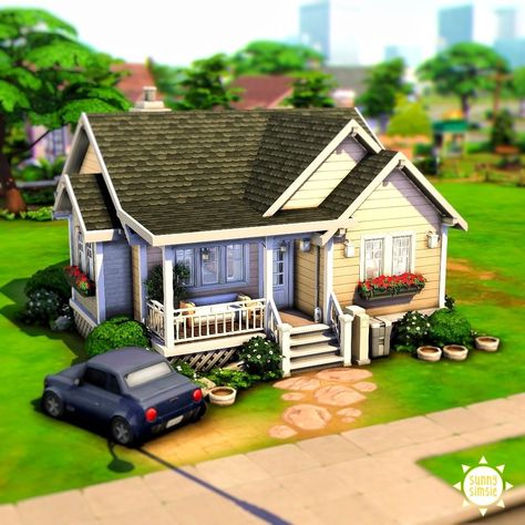 Sims 4 Houses Bungalow, Sims 4 Houses Starter Home, Cute Bungalow Homes, Willow Creek Starter House, Sims 4 Willow Creek Small House, Starter House Layout Bloxburg, 1 Story Sims House Layout, Sims 4 Small Starter Home, Sims 4 Starter Home Small Houses