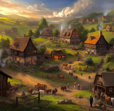 Fantasy Farm Art, Fantasy Farmland Landscape, Medieval Village Concept Art, Fantasy Village Art, Fantasy Medieval Town, Fantasy Setting Village, Village Rpg, Farming Village, Fantasy Farm