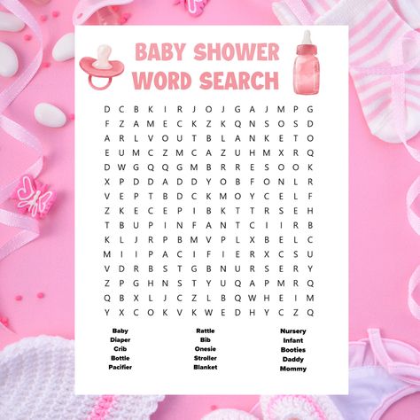 Have a fun baby girl shower with this baby shower word search. This baby shower word search makes the perfect baby shower game to play for your baby girl. This is a cut baby shower word search in pink. You can solve the puzzle together or make it a competition to see who can find the most words. #babyshowerwordsearch #babyshowerwordsearchpink #babyshowergames Baby Shower Word Search, Cut Baby, Baby Shower Games Printable, Shower Games Baby, Baby Shower Wording, Baby Words, Games Printable, Word Searches