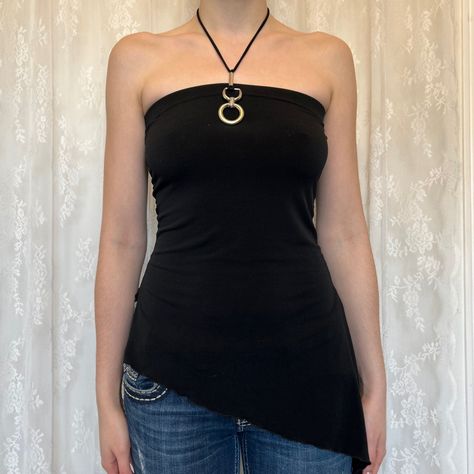 Y2K 2000s Fairycore Whimsygoth Halter Neck Asymmetrical Tube Top With Silver Hardware #y2k #y2kfashion #2000s #2000sfashion #asymmetrical #tubetop #fairycore #fairygrunge #whimsygoth #haltertop Tunic Tops With Jeans, Asymmetrical Tube Top, Fame Clothes, 2000s Fairycore, Y2k Halter Top, Y2k Blouse, Belly Top, Paranoid Android, 2000s Tops