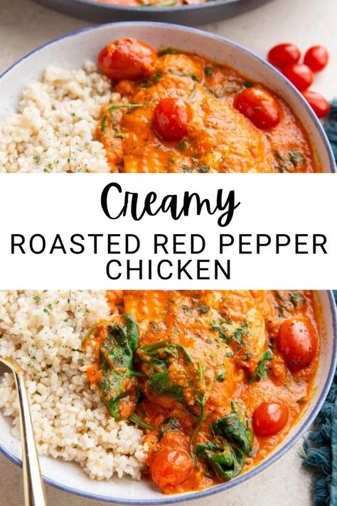 Creamy Roasted Red Pepper Chicken Breasts highlight juicy pan-seared chicken in a rustic dairy-free creamy sauce into a delightful restaurant-quality main dish. Serve it with your favorite side dishes for a complete meal. Chicken Red Pepper Recipe, Roasted Red Pepper Chicken, Roasted Red Peppers Recipes, Red Pepper Chicken, Red Sauce Pasta Recipe, Chicken Thighs Dinner, Red Pepper Recipes, Red Sauce Recipe, Roasted Red Pepper Pasta